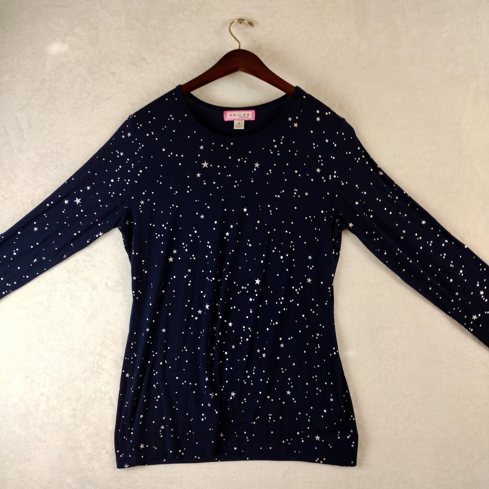 Koi by Kathy Peterson Navy Blue Silver Star Celestial Scrub Undershirt Top M